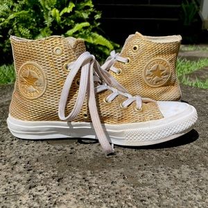Converse Leather mesh RARE distressed high tops Chuck Taylor gold sneakers